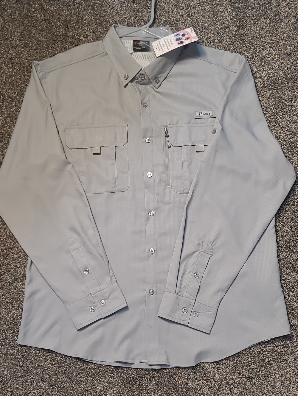 NWT Pudolla Men's UPF 50+ Sun Protection Light Gray Fishing Button-Down Shirt M.